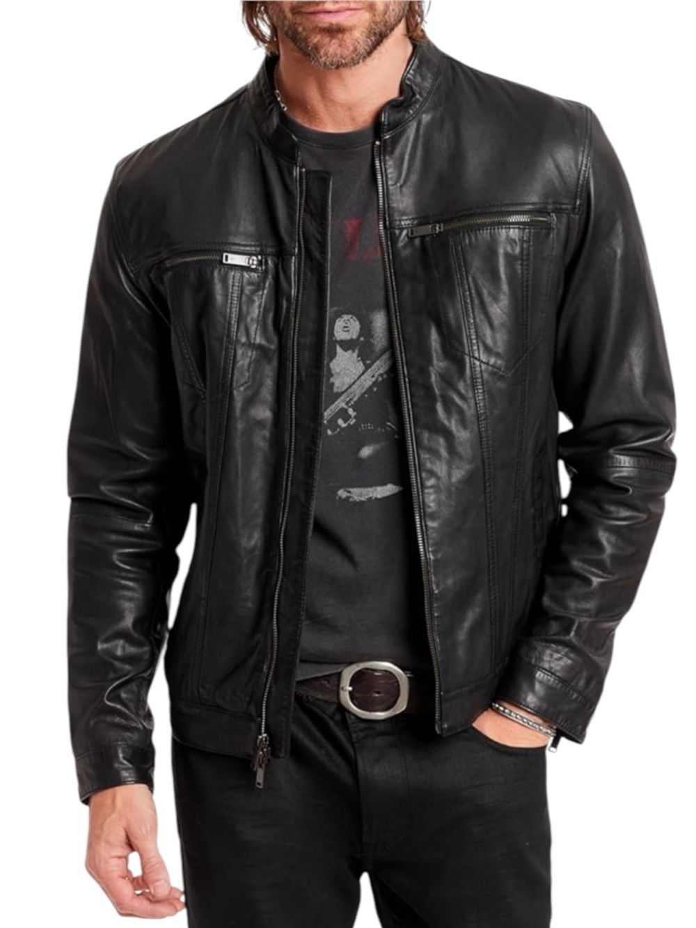 John Varvatos Star USA Black Lambskin leather band collar moto jacket.SZ XL